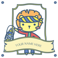 Cute fun pirate ship captain and crew member personalized poster character with blank name space banner template background for kids in summer season - lion