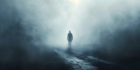 Symbolism of a shadowy figure in mist representing mental health struggle and darkness. Concept Mental Health Struggle, Shadowy Figure, Darkness, Symbolism, Mist