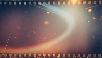 Abstract Vintage Film Strip with Sunlight Lens Flare and Bokeh, Warm and Nostalgic Cinematic Background, Artistic Photo with Dust and Scratches, Ideal for Retro-Themed Projects or Visual Storytelling 