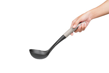 Female hand holding ladle soup isolated transparent