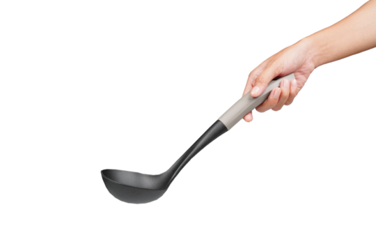 Female hand holding ladle soup isolated transparent