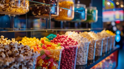 An appealing concession display in a movie theater, featuring a diverse selection of popcorn and candy, meticulously arranged to entice patrons with an array of delightful snacks to savor during film