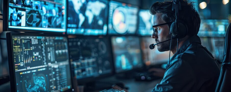 Dispatch center with operators coordinating deliveries on multiple screens, dispatch logistics, hightech and efficient operations