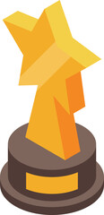 Golden star award is standing on a round wooden pedestal, representing victory and achievement