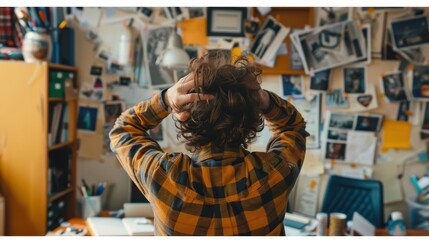 Overwhelmed Person Standing in Front of Cluttered Desk Holding Head in Stress, Work Stress Concept