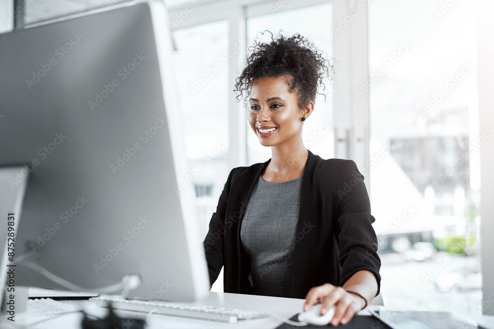 Poster attorney, woman and computer with smile, legal documents and keyboard with contract for deal agreeme