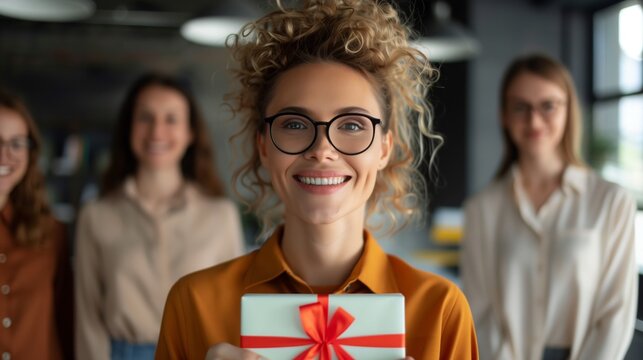 A team of coworkers presents a gift and card to a colleague