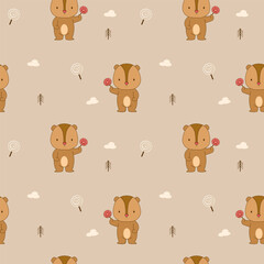 Bear so cute and lollipop sweet on tree cloud background brown.pattern seamless vector and illustration.