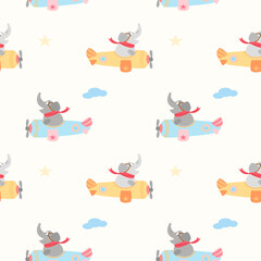 Elephant so cute fly a plane color yellow and blue.on cloud and star background. Pattern vector and illustration.