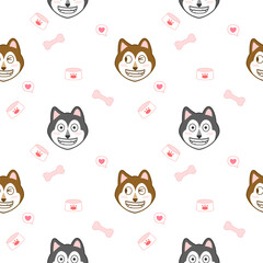 siberian husky face cartoon dog smile.on pink bone mini heart background white. Pattern seamless vector and illustration.