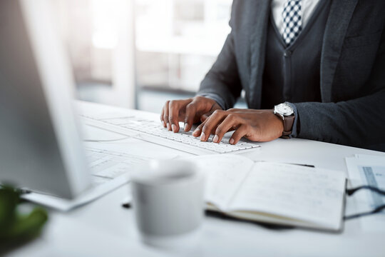 Businessman, desktop and typing hands by computer for productivity, planning schedule and admin in office. Male accountant, fingers and online spreadsheet for company audit, tax report and research