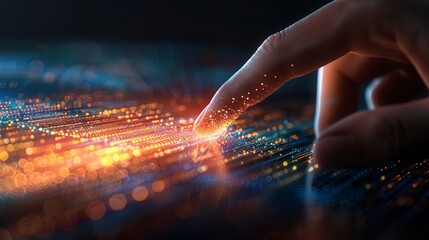 A fingertip hovers over a glowing digital network, representing innovation and connection.