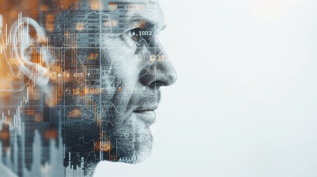 A double exposure portrait of a man's face with a cityscape overlay. The image evokes a sense of urban life and the passage of time.