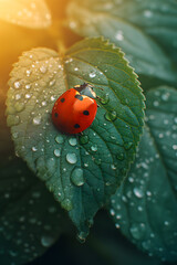 Obraz premium Ladybug on a Dewy Leaf in Vivid Natural Environment