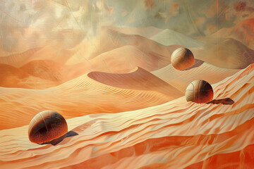 A dynamic 3D illustration featuring abstract geometric shapes in vibrant colors, intertwined with basketball, soccer, and tennis balls floating in zero gravity. Each ball emits a soft glow against the