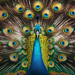 Obraz premium Colorful male peacock facing the camera with his feather tail open