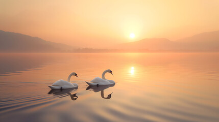 Serene Sunrise with Swans on a Misty Lake