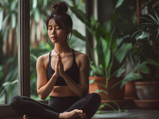 Fototapeta premium Serene Young Woman Practicing Yoga Meditation Indoors with Plants