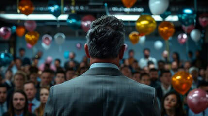A man in a suit addresses a crowd of employees during a celebratory event