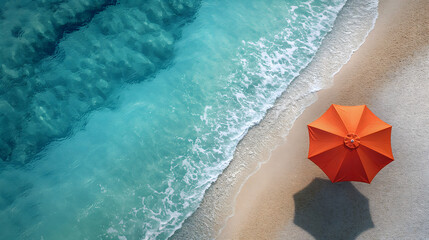 Obraz premium Tranquil Beach Scene with Orange Sun Lounger and Umbrella