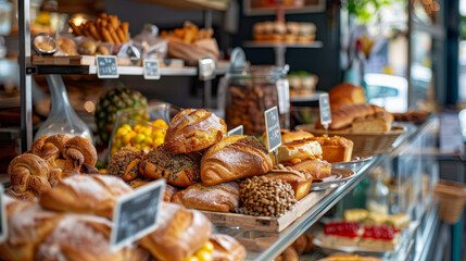 Fototapeta premium A variety of fresh snacks and breads arranged for sale on a bakery shelf. Interior view of a bakery counter showcasing food on display