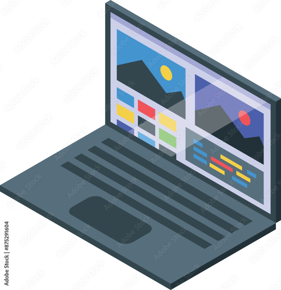 Poster photo editing software interface displaying a photo gallery and various editing tools on a laptop sc