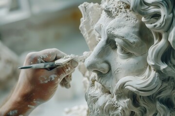 Sculptor Molding Hyperrealistic Figure in White Cement