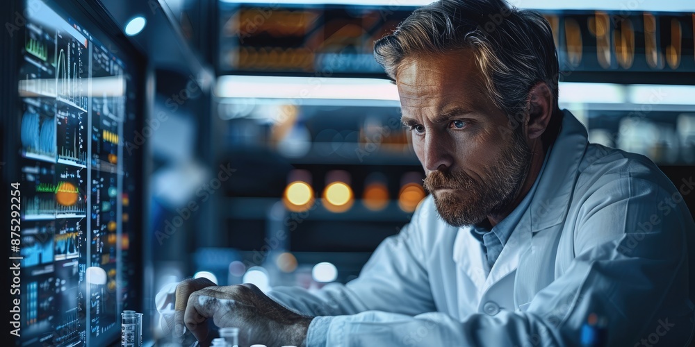 Aufkleber Scientist working in medical laboratory with lots of data on a screen display, soft lighting. Generative AI.