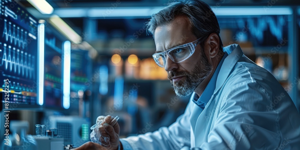 Aufkleber scientist working in medical laboratory with lots of data on a screen display, soft lighting. genera