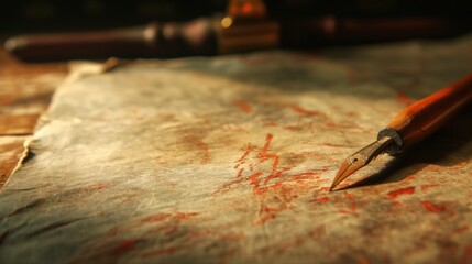 A close-up of a vintage pen on paper with red ink stains