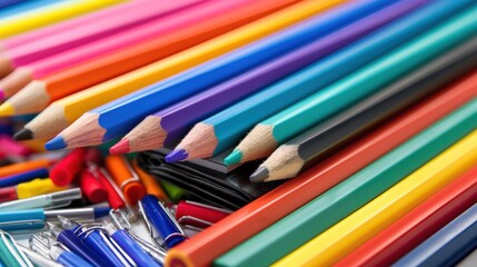 Fototapeta premium A group of colorful pencils and pens arranged in a pattern