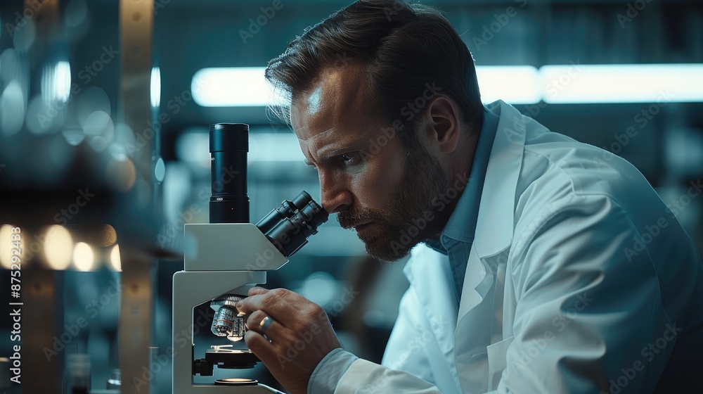 Poster A scientist in a white coat looks through a microscope in a scientific laboratory. Generative AI.