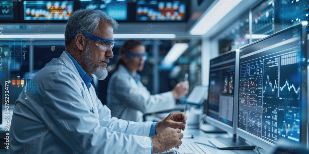 Poster Scientist working in medical laboratory with lots of data on a screen display, soft lighting. Generative AI.