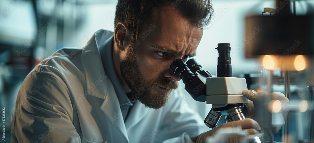 Aufkleber A scientist in a white coat looks through a microscope in a scientific laboratory. Generative AI.