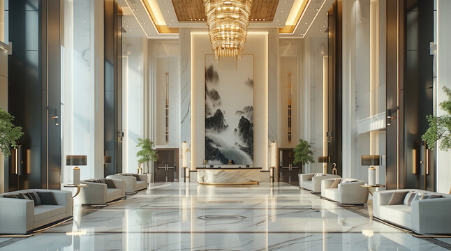 Hotel lobby decoration design, elegant spatial, modern style. Generative AI.