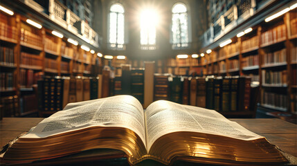 A scholarly vignette with an open book on a desk, the depth of field focusing on the pages with a backdrop of a sunlit library filled with rows of book. Generative AI.