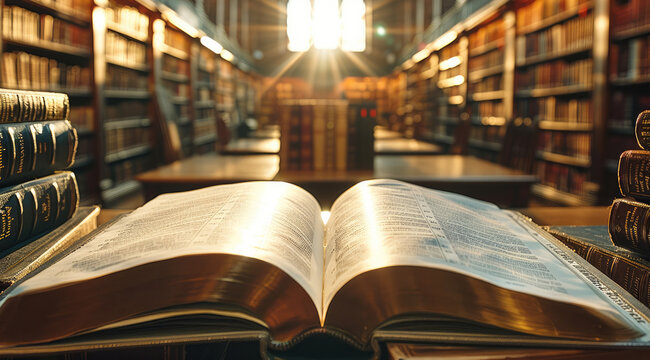 A scholarly vignette with an open book on a desk, the depth of field focusing on the pages with a backdrop of a sunlit library filled with rows of book. Generative AI.