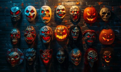 Obraz premium A collection of spooky Halloween masks hanging on a wall with eerie lighting, leaving space in the center for copy