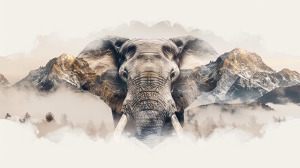 Abstract watercolor painting of an elephant with mountains in the background.