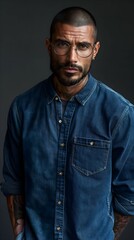 Obraz premium Stylish Tattooed Man Denim Shirt Round Glasses Portrait
