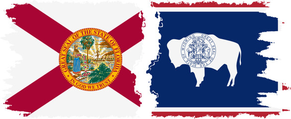 Wyoming and Florida states grunge brush flags connection vector