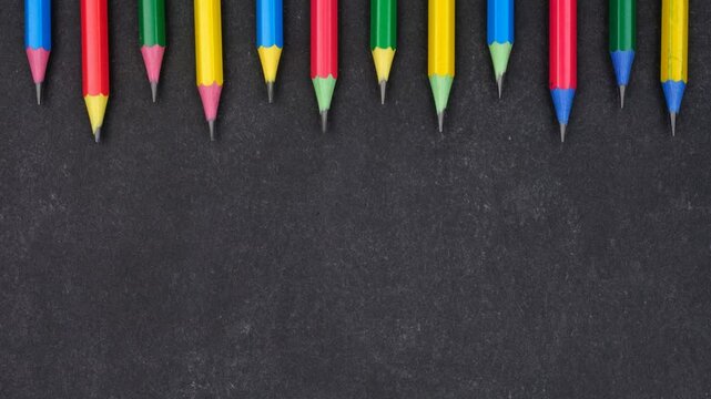 Colorful pencil top border with up down motion. Above view over a black chalkboard background. Back to school concept.