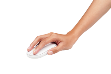 Female hand holding mouse isolated transparent