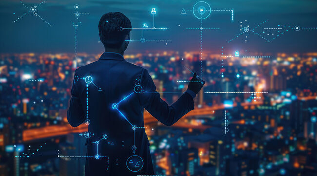 A businessman in a blue suit checks his work overlooking a cityscape at night, with glowing network connections and cryptocurrency symbols overlaid. Generative AI.