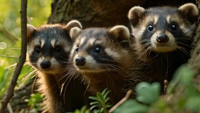 ferrets hiding in a tree Video 4K