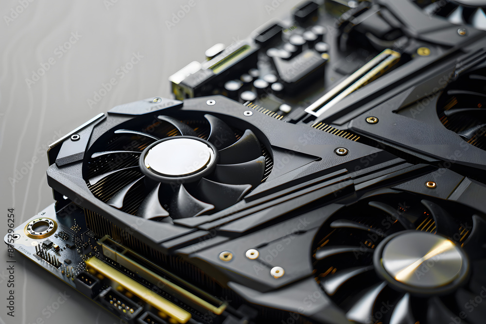 Fototapete computer graphics card on gray textured background, closeup. space for text