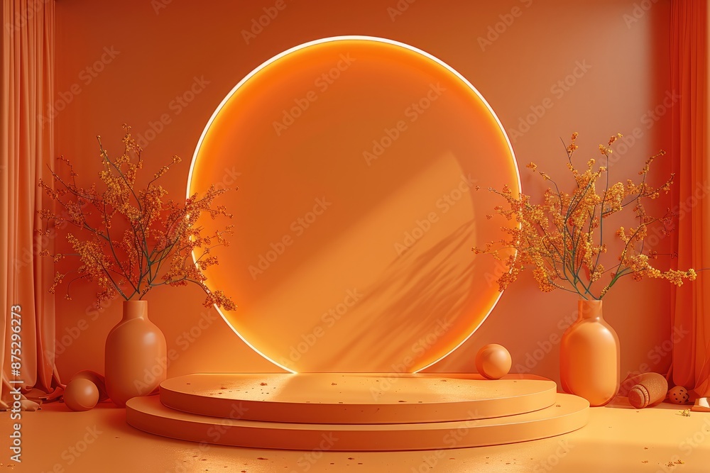 Poster 3d rendering geometric shape on orange podium for halloween. generative ai.