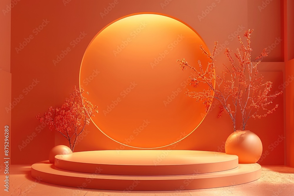 Poster 3D rendering geometric shape on orange podium for Halloween. Generative AI.