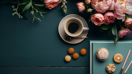 A dark blue office desk with flowers, coffee, treats, and pens