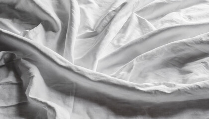 Elegant, Wrinkled White Linen Fabric Close-Up - Soft and Smooth Texture Background, Perfect for Bedding, Textile, or Interior Design Concepts